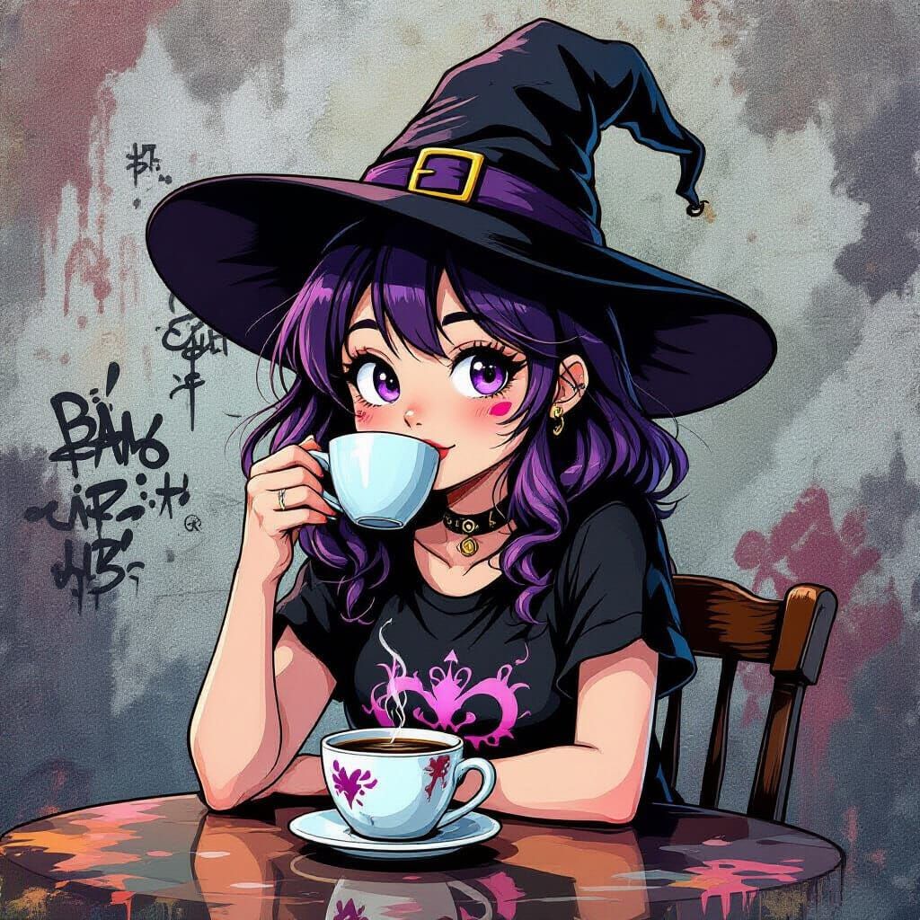 Young Witch With Purple Hair Drinking Coffee, Anime Style