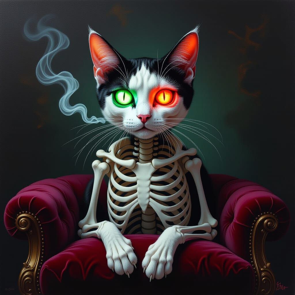 Skeletal Cat with Glowing Red and Green Eyes