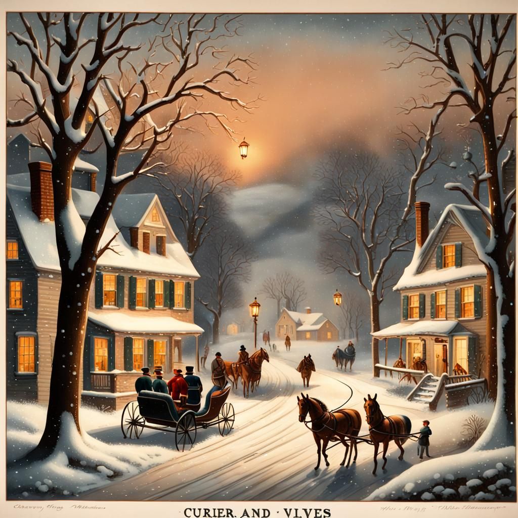Vintage Christmas Village Scene in Folk Art Style