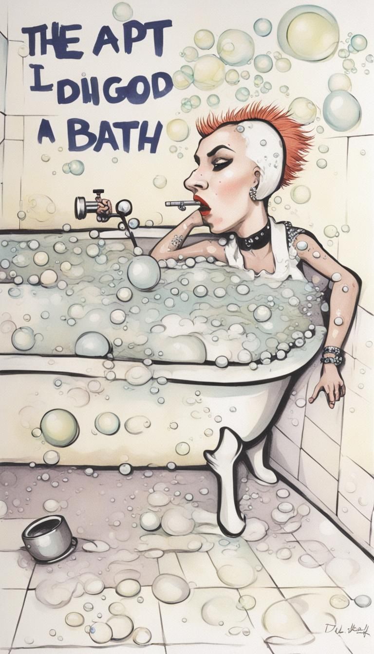 Punk Woman with Mohawk in Bathtub: Sketchy Naive Art