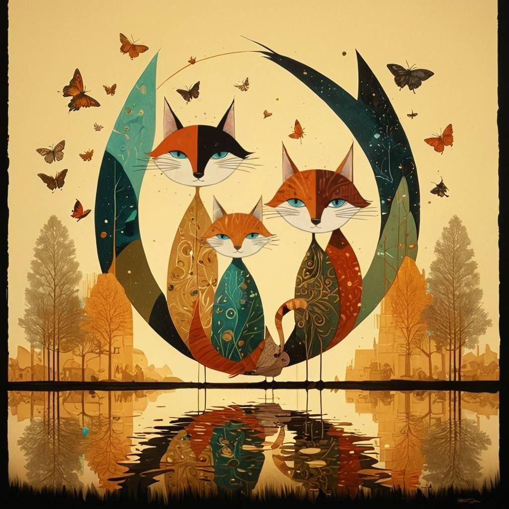 Smiling Cats in Hyperrealistic Digital Illustration