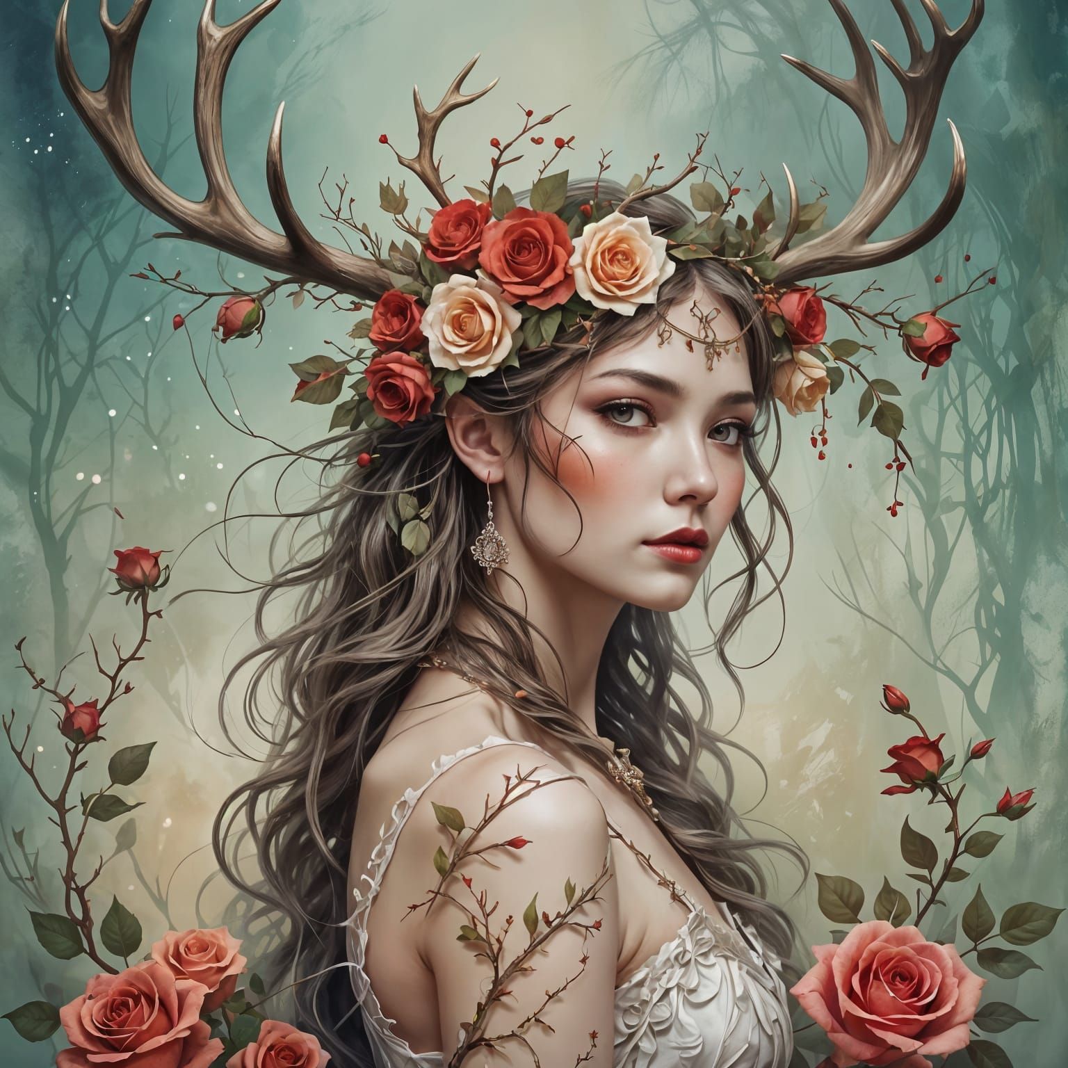 Ethereal Maiden with Antlers and Roses