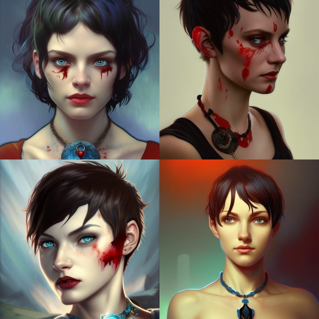 Woman with Pixie Cut and Red Stone Necklace