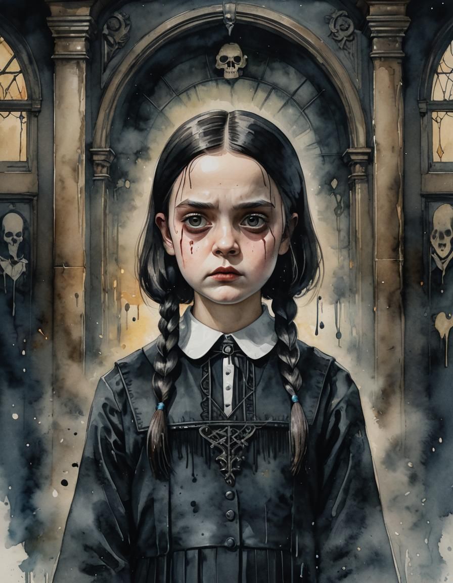 Wednesday Addams as The Scream: Gothic Watercolor Portrait