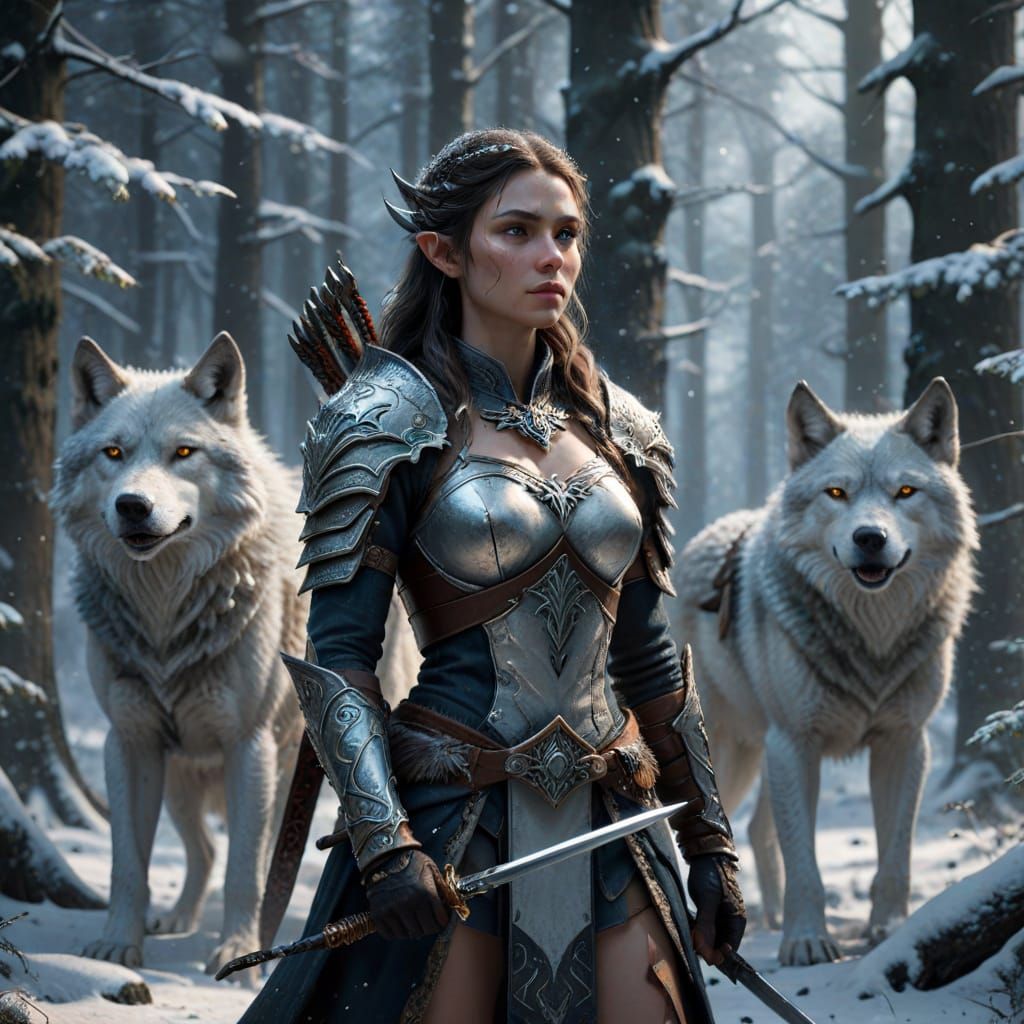Ethereal Elf Warrior in Snowy Forest, Wolves by Her Side