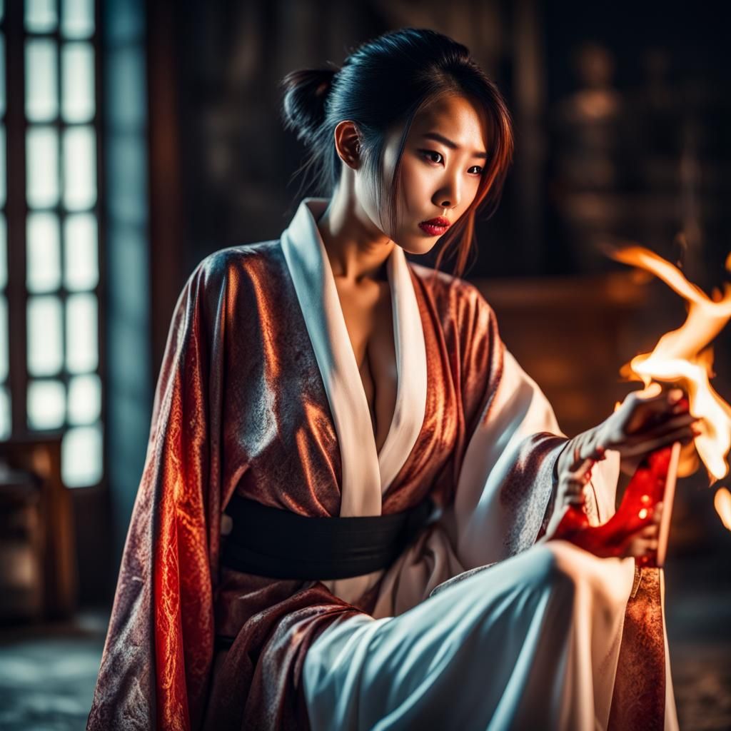 Intense Portrait of Asian Woman with Fiery Gaze