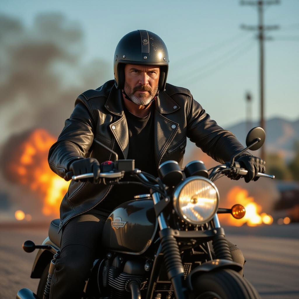 Motorcycle Rider in Explosive Cinematic Scene