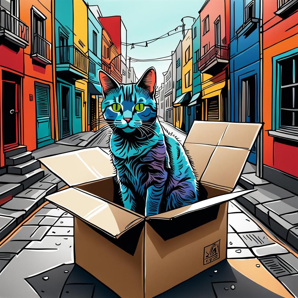 City Cat in Box: Line Art Doodle