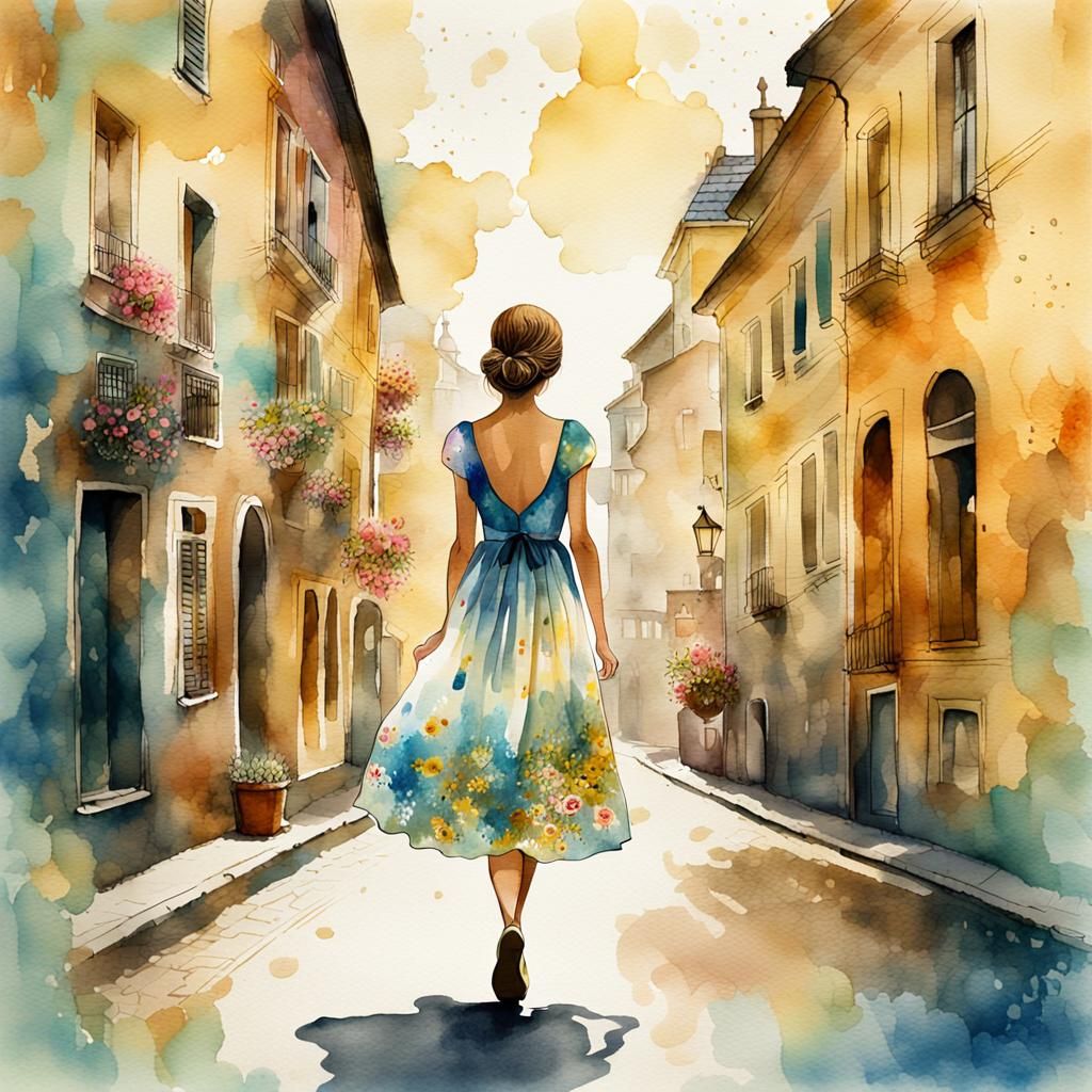 Girl in Watercolor Cityscape with Dreamy Lighting