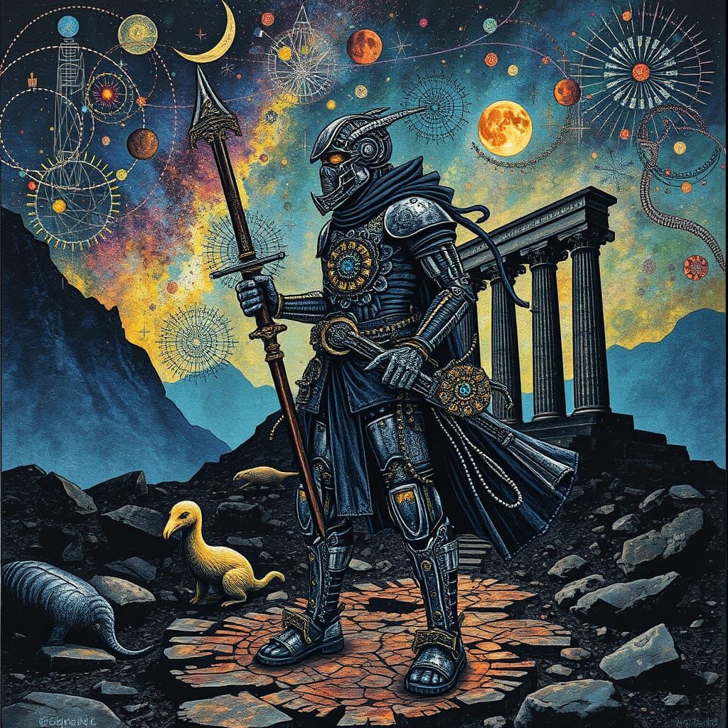 Cyberpunk Warrior in Ancient Ruins