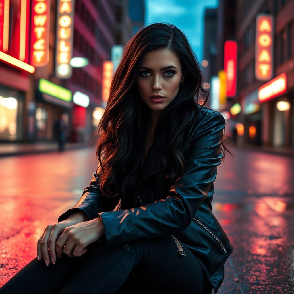 Cyberpunk Woman in Neon Cityscape at Dusk