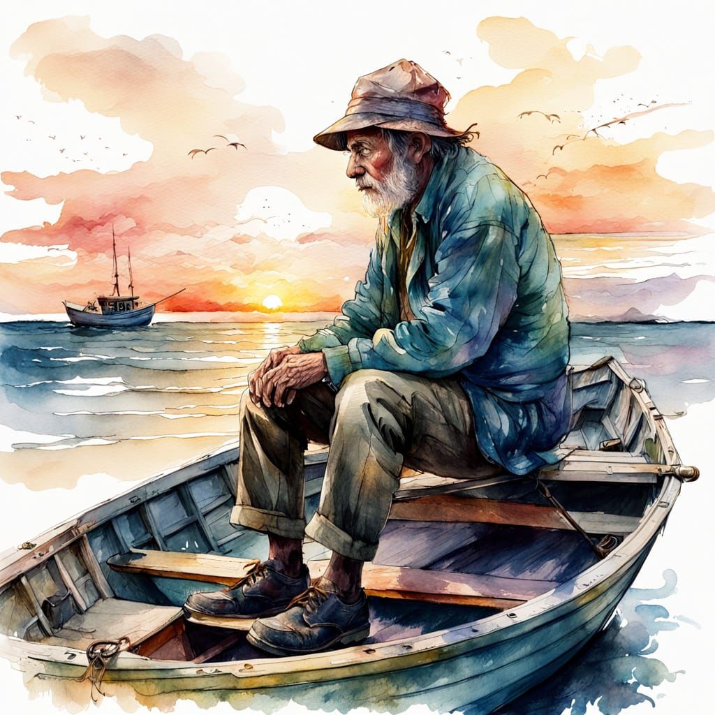 Pensive Fisherman at Sunset in Watercolor Style