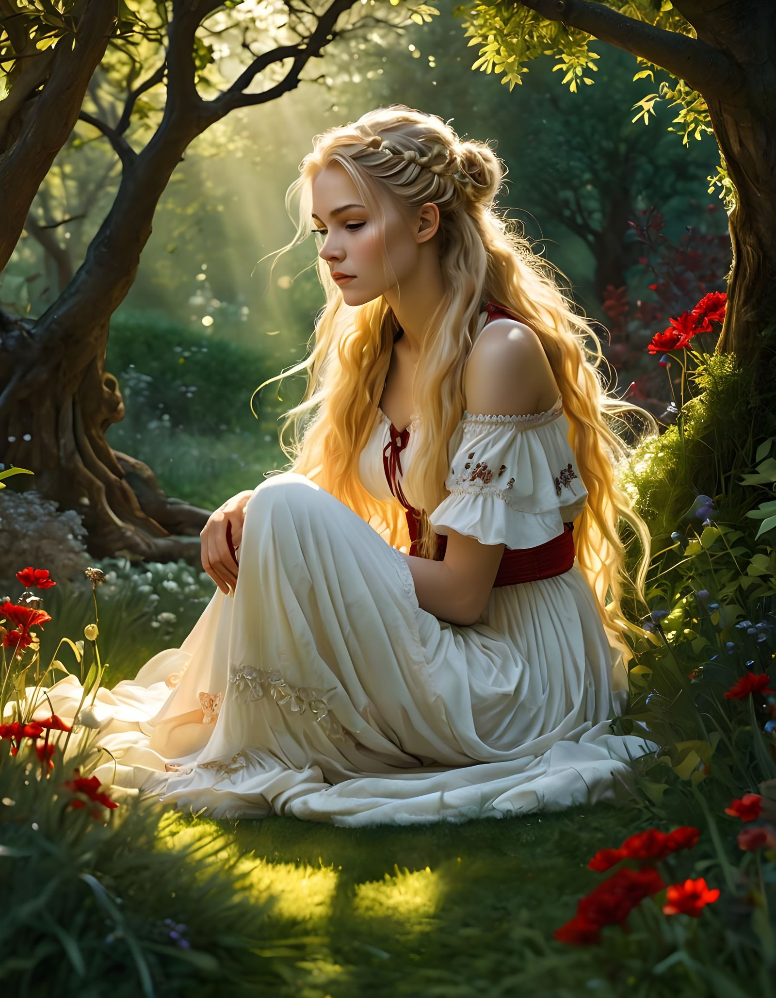 Norse Goddess Contemplation in Lush Garden, Inspired by Arth...
