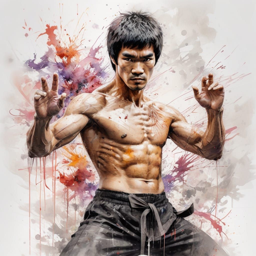 Bruce Lee in Karate Pose: Watercolor Fusion