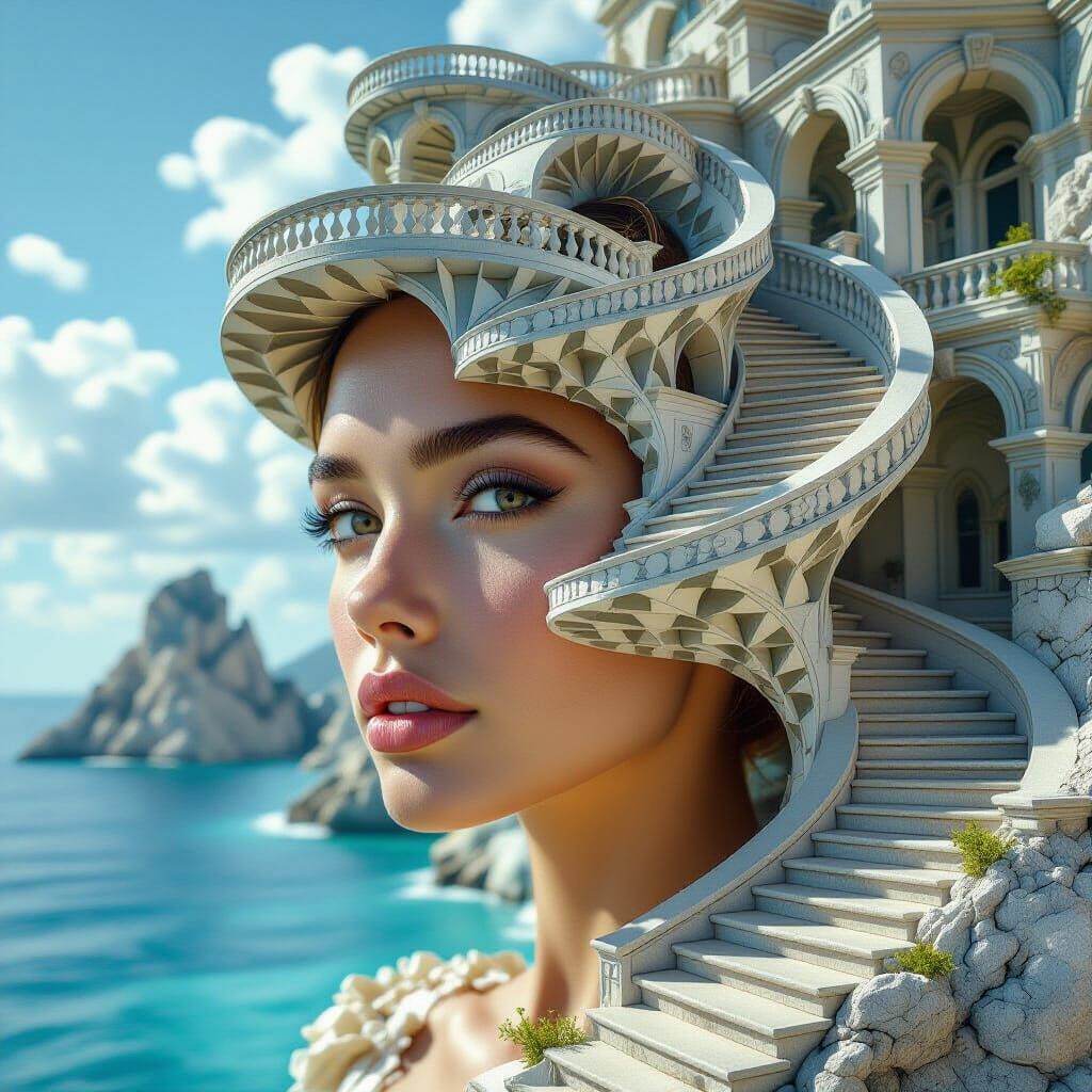 Woman's Head Transforms into Dreamy Island with Escher Stair...