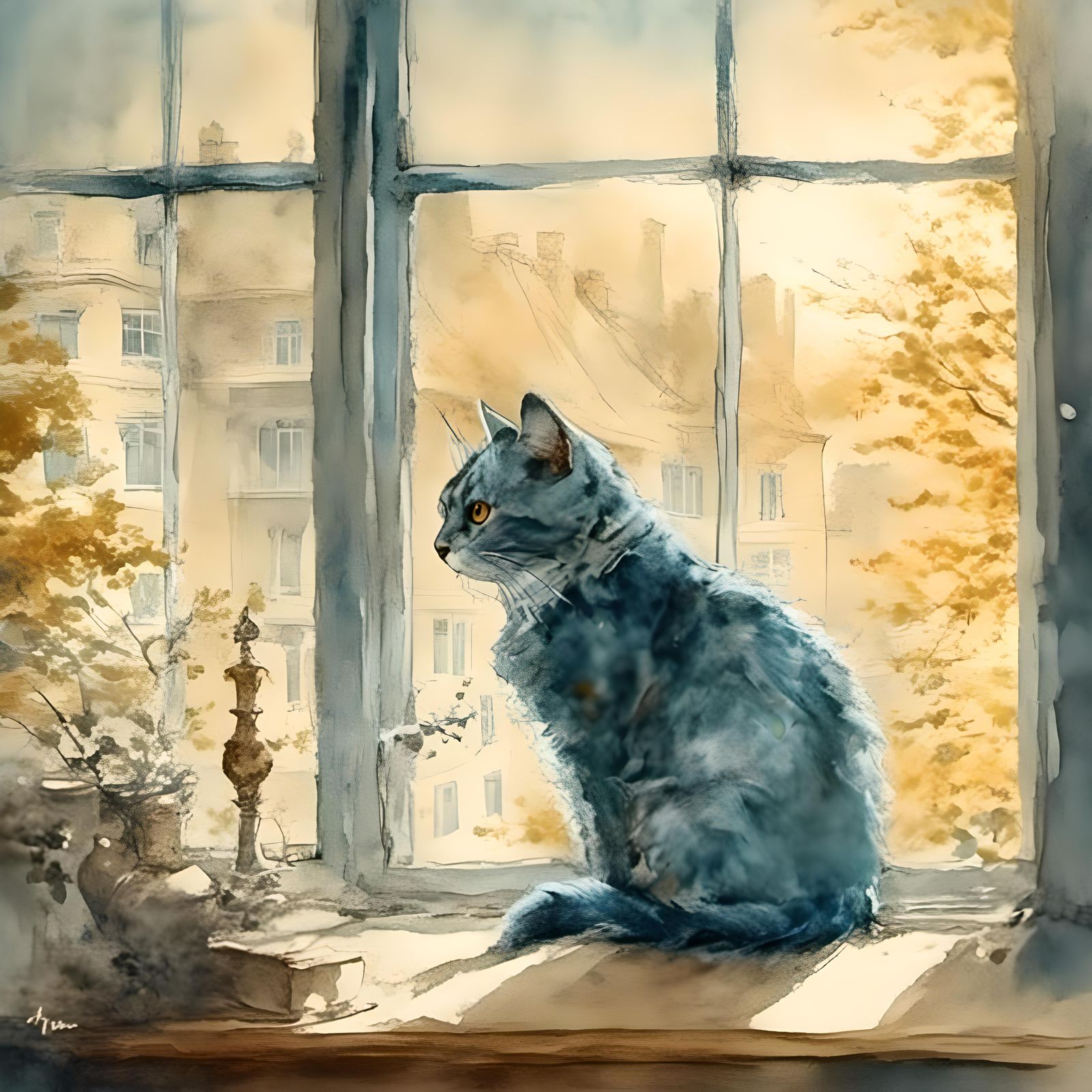 Surreal Watercolor Portrait of Blue Cat in Office