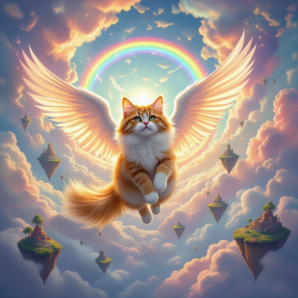Flying Cat Soaring Through a Dreamscape