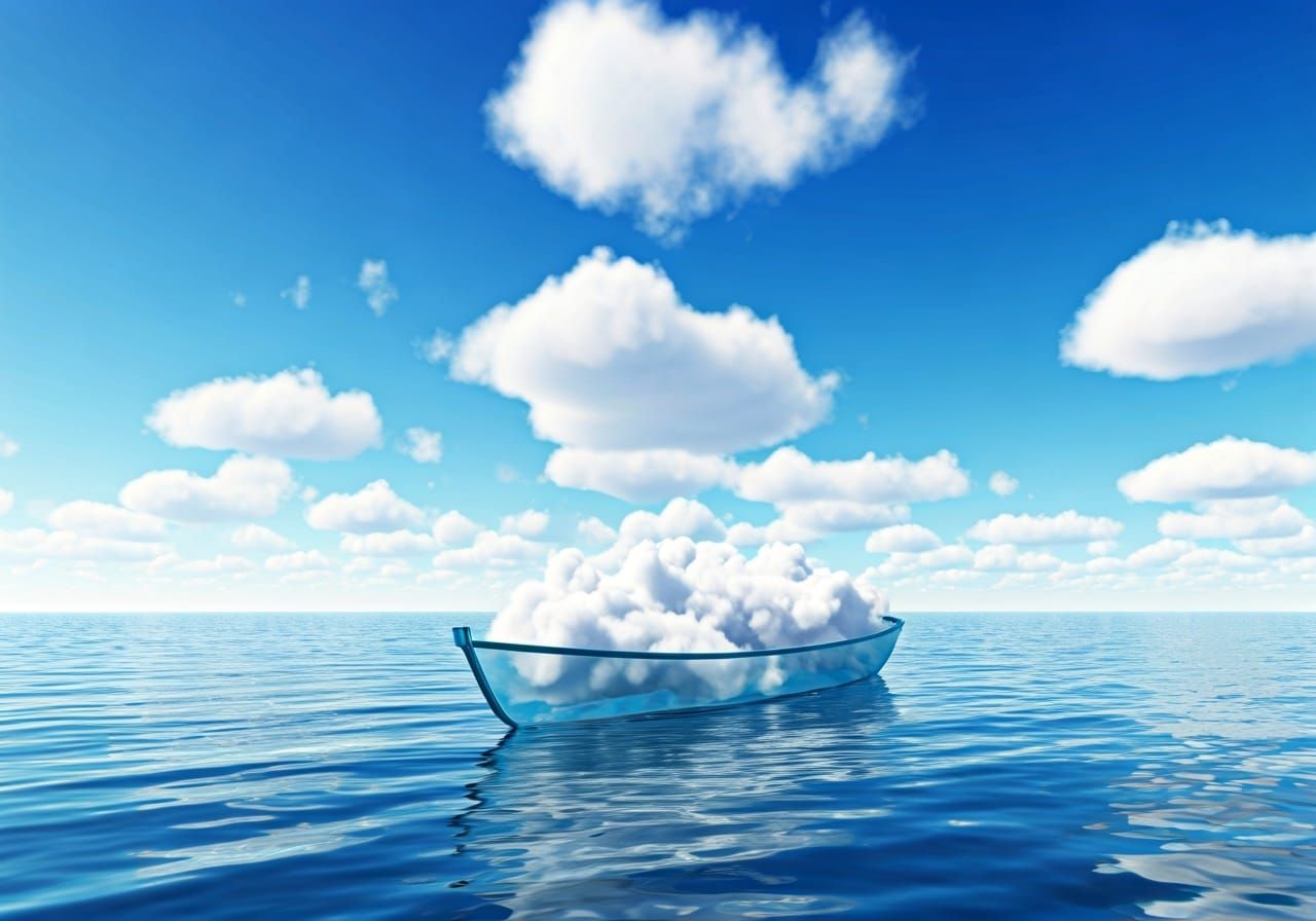 Glass Boat Delivering Clouds in Fantasy Landscape