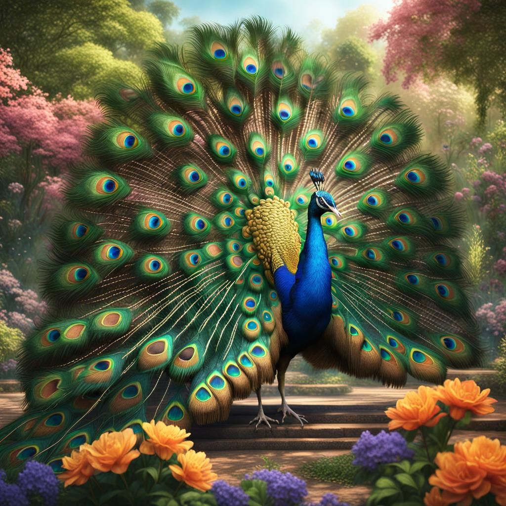 Peacock Displaying Feathers in Spring Botanical Garden