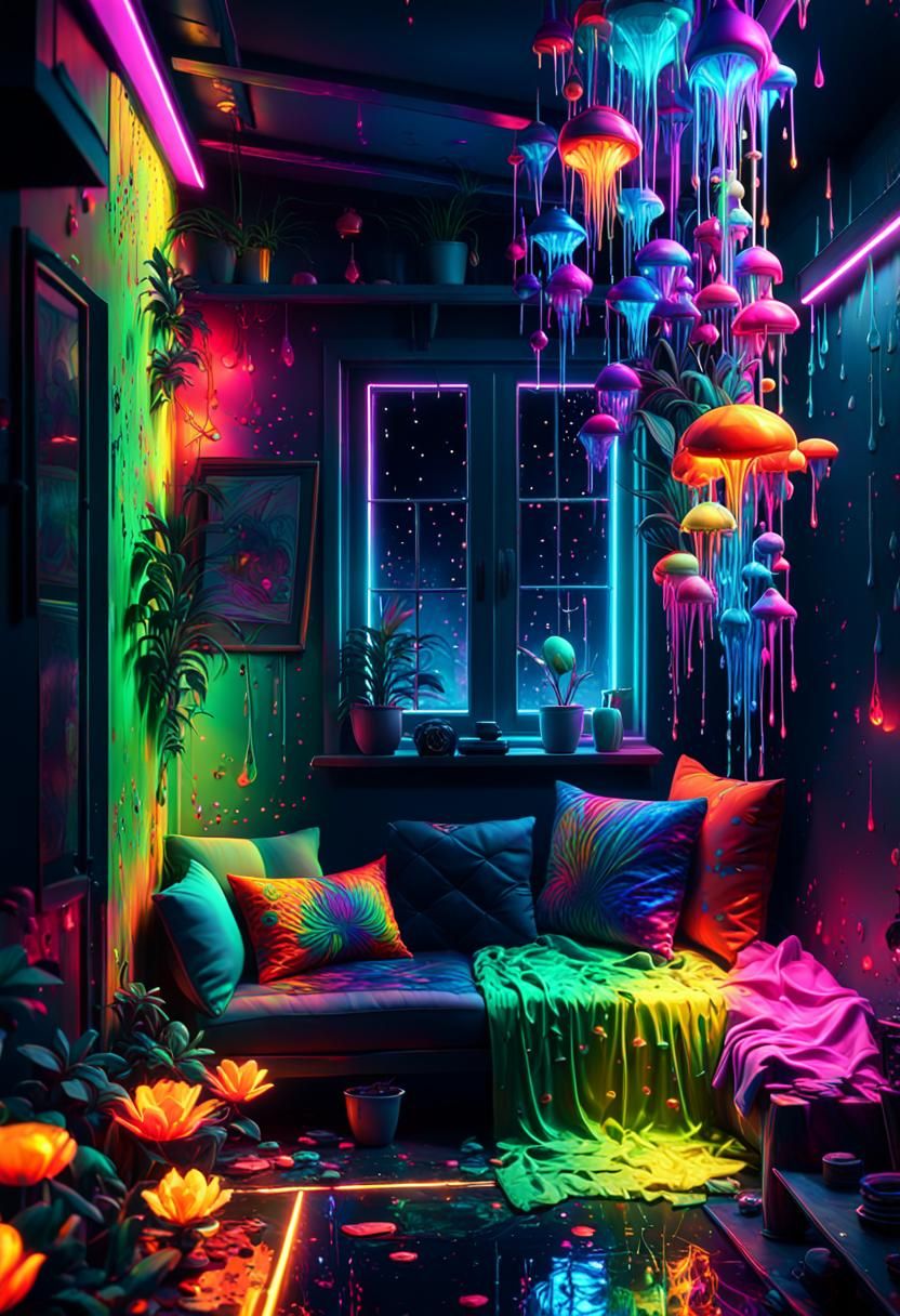 Psychedelic Dripping Colors with Neon Lights in Photorealism