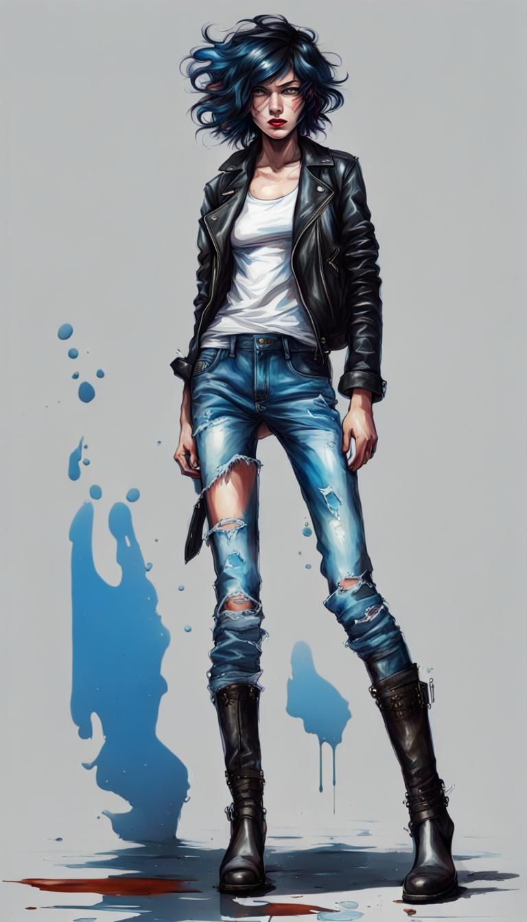 Happy French Rocker Woman in Manga Style