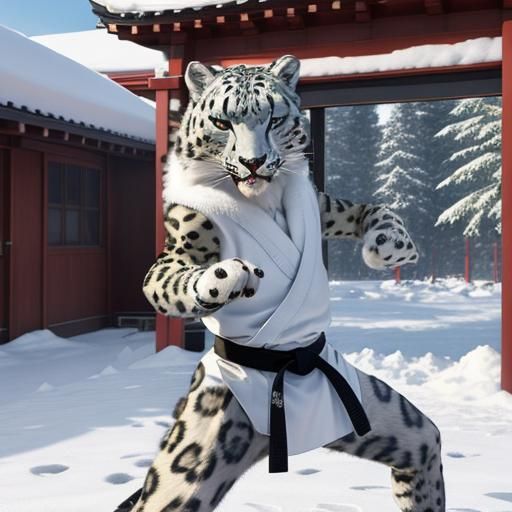 Anthropomorphic Snow Leopard Kung Fu Kata in Dojo