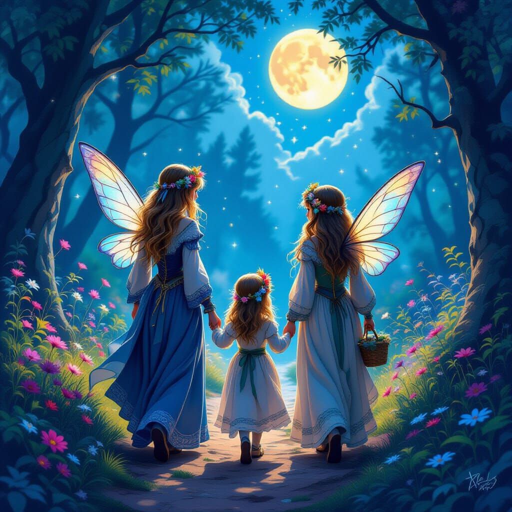 Fairies in Enchanted Forest Under Moonlit Sky