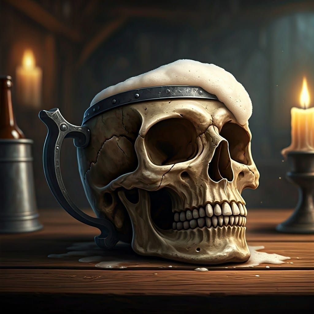 Skull Mug in Dimly Lit Tavern