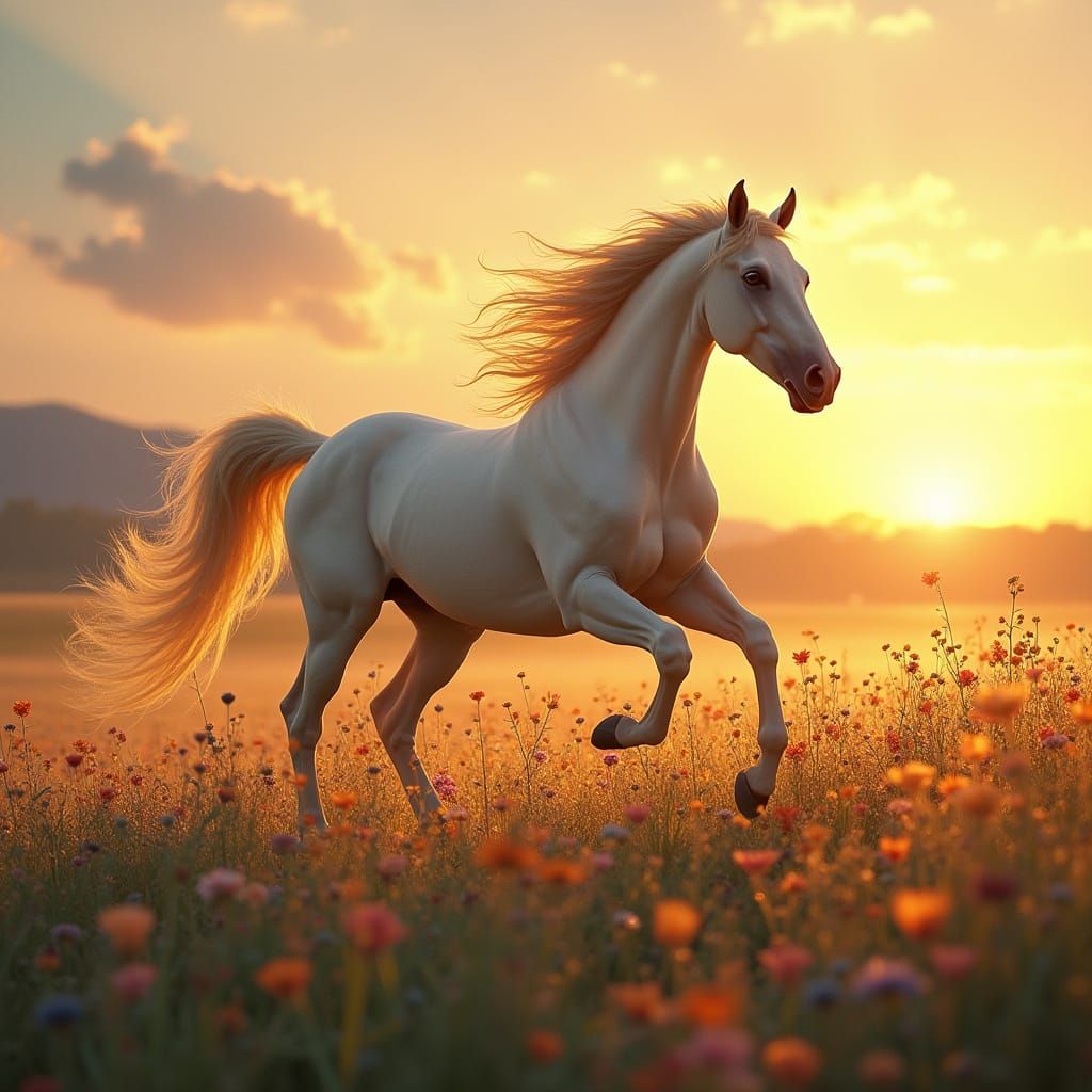 Majestic Falabella Horse in Golden Sunset Landscape