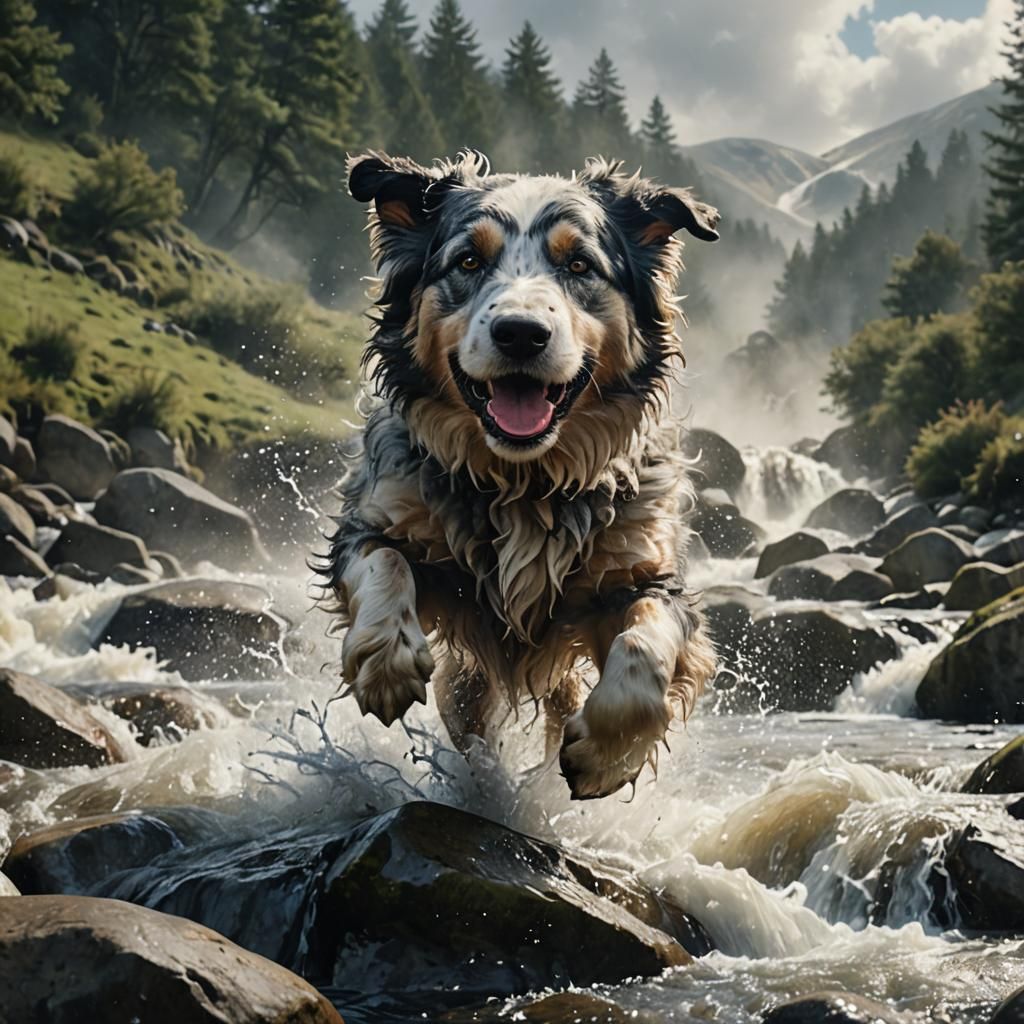 Sheepdog Leaps Over Rocks: Hyper-Realistic Digital Art
