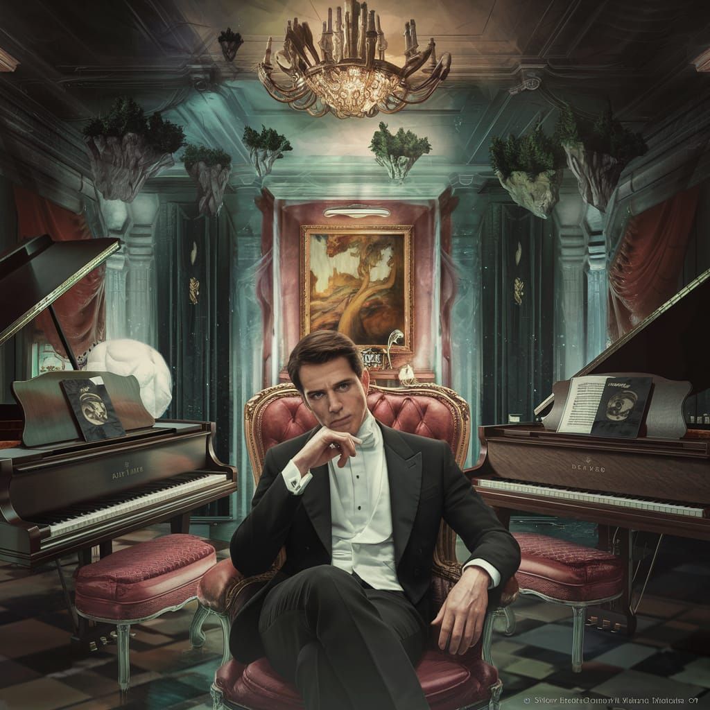 Mysterious Gentleman Lost in Thought amidst Whimsical Landsc...