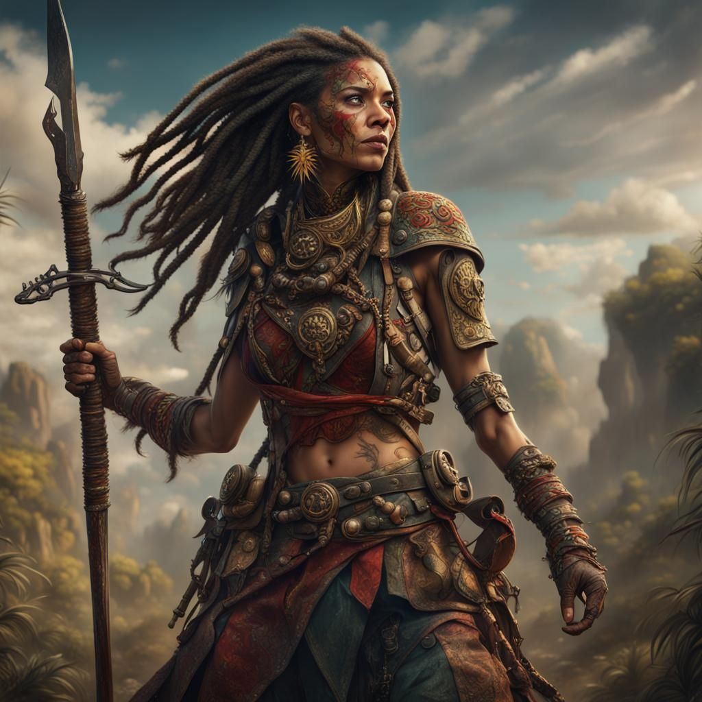 Furious Dreadlocked Woman Warrior with Axe