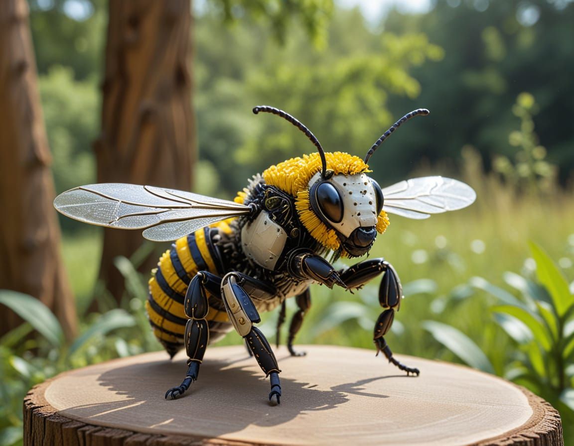 Sculpture of a Bionic Bee Made from Recycled Materials
