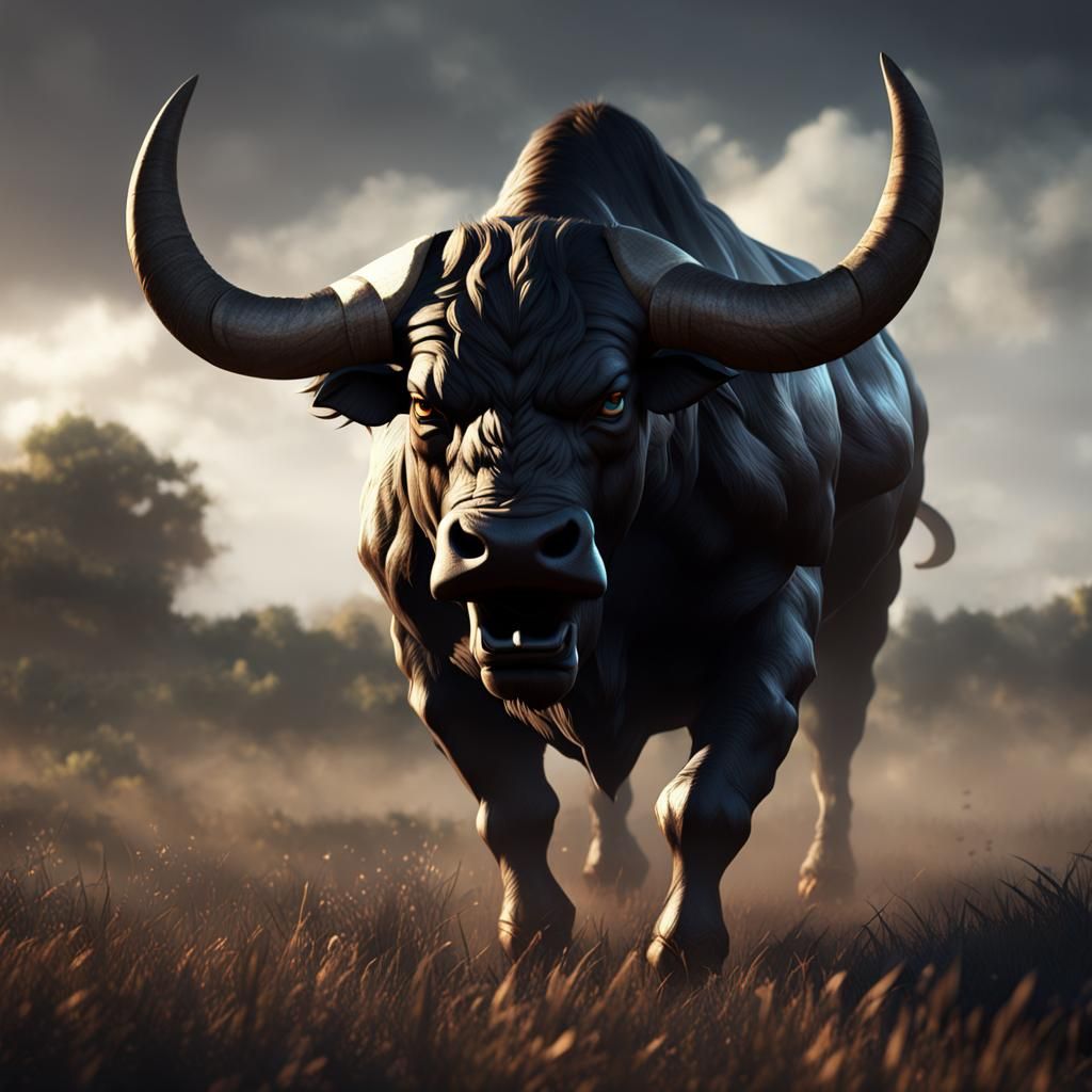 Angry Bull with Knife Horns in Dark Field