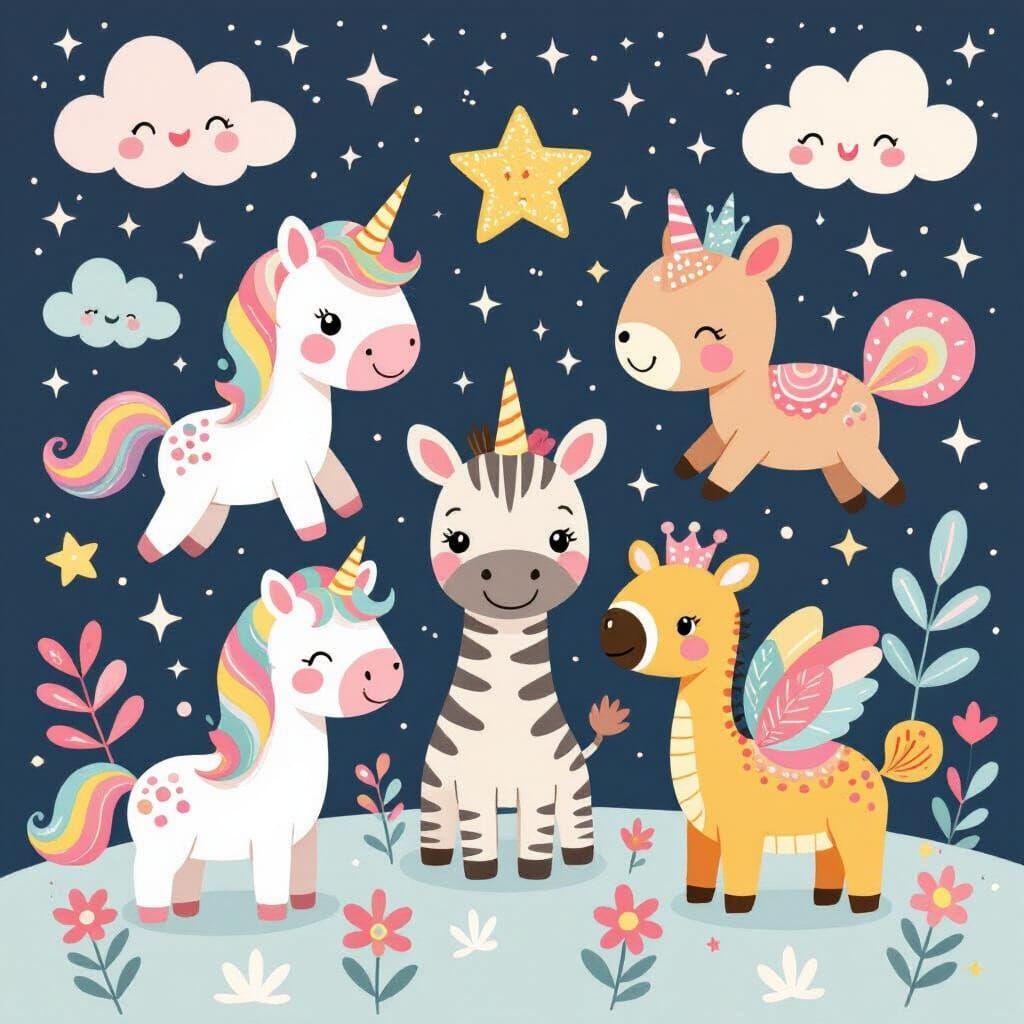 Kawaii Animals in Dreamy Pastel Landscape