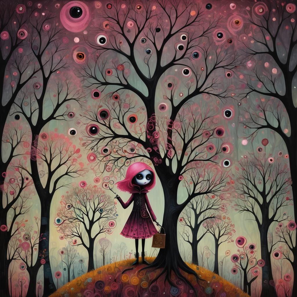 Gothic Reader in Vibrant Abstract Fairytale Scene