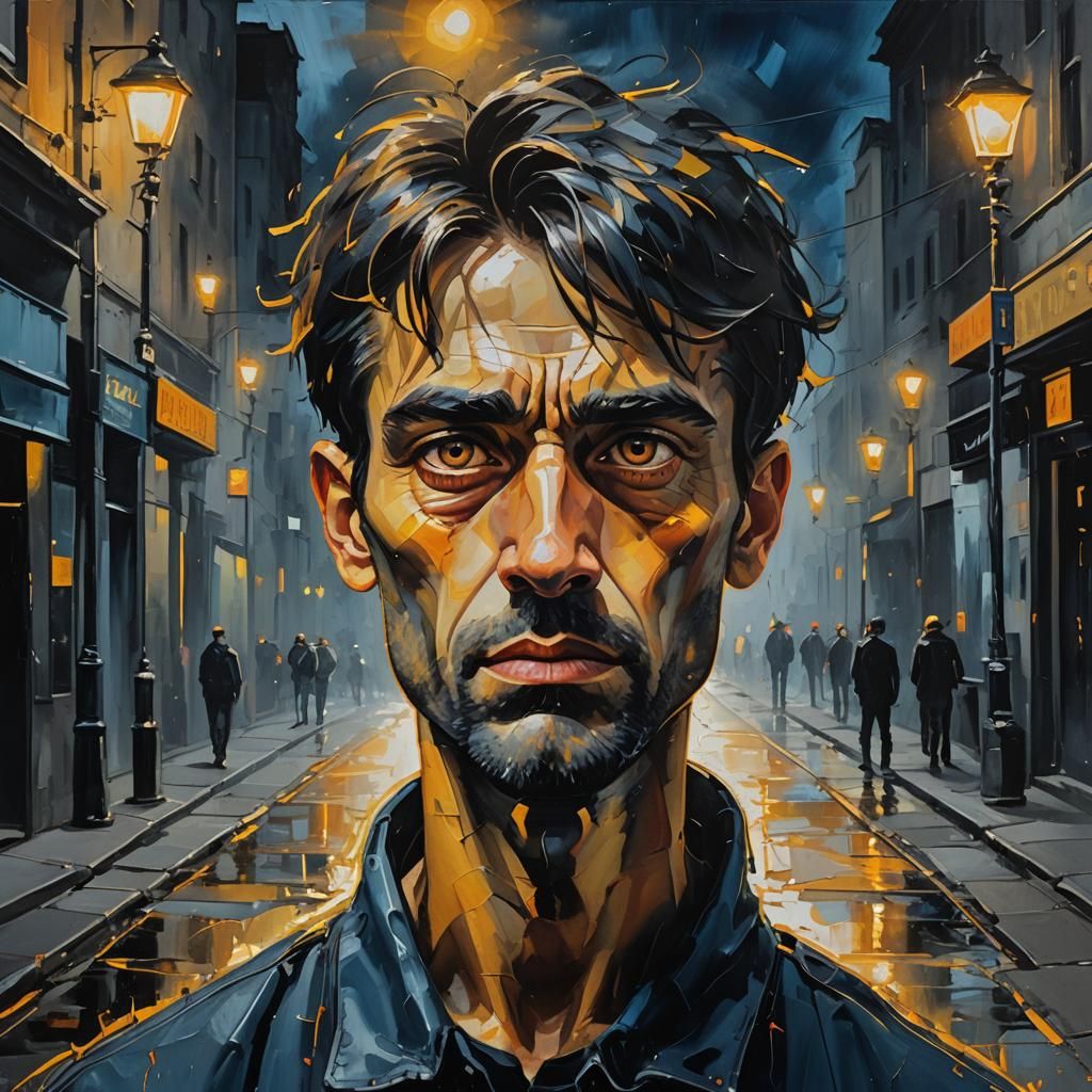 Moody Neo-Expressionist Painting of Person in Dark Street