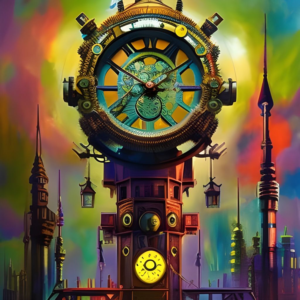 Steampunk Clock Tower in Geometric Ink Painting Style