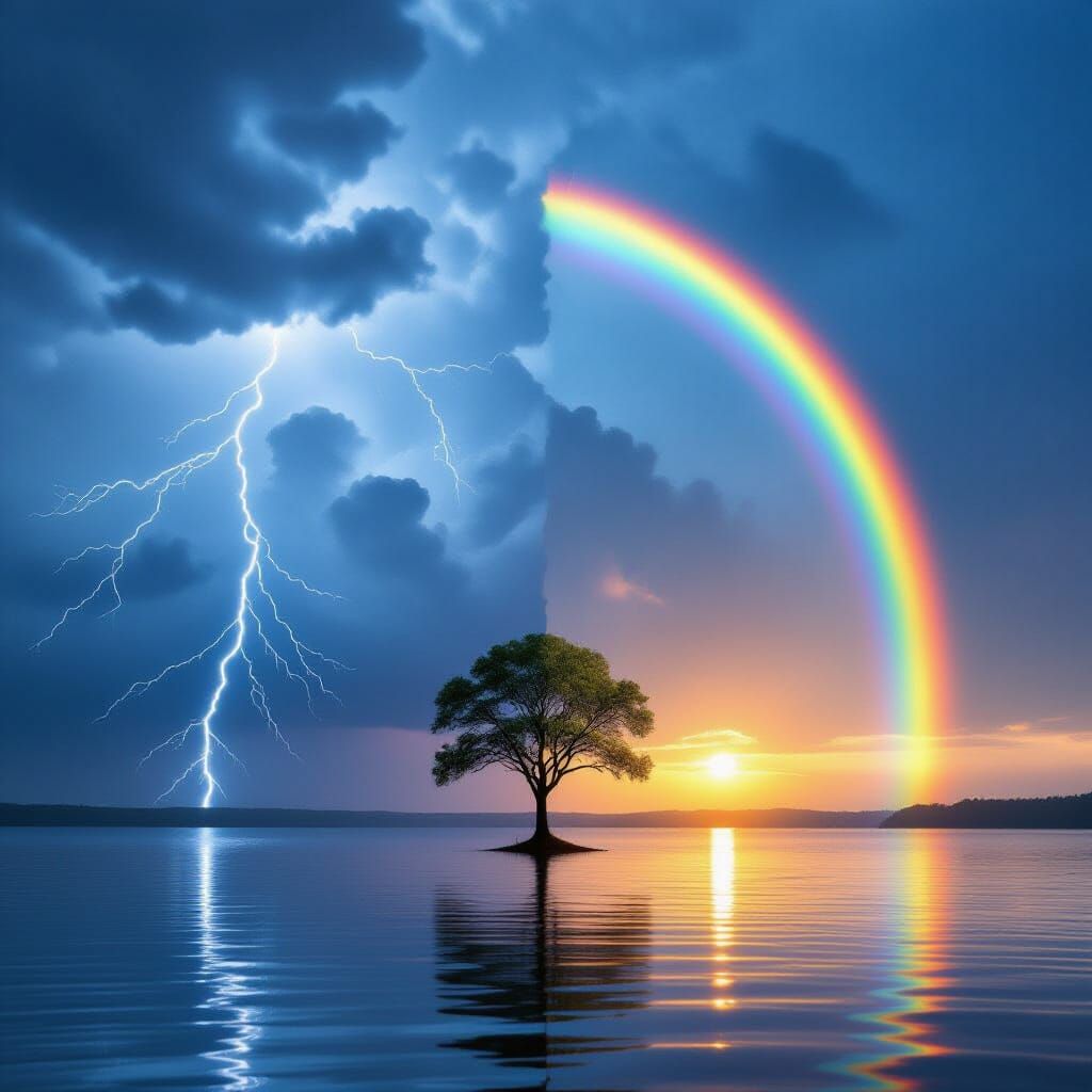 Split Sky: Thunderstorm Meets Rainbow Over Calm Water