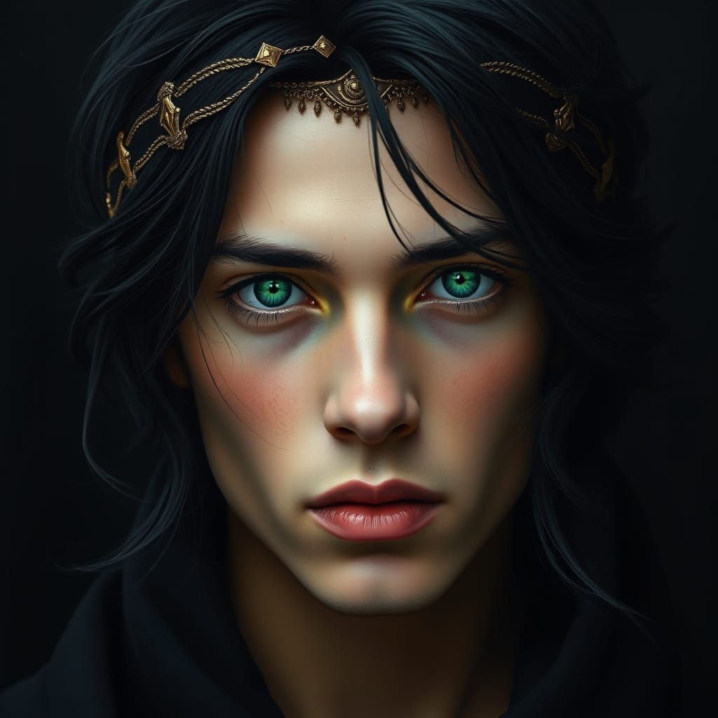 Surrealist Portrait of a Handsome Young Man with Emerald Gre...