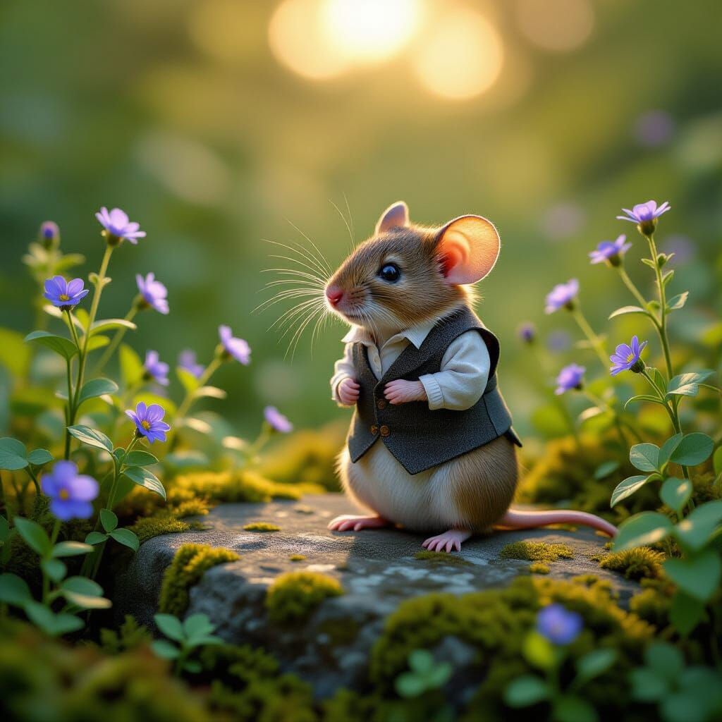 Wise Mouse in Forgotten Garden at Golden Hour