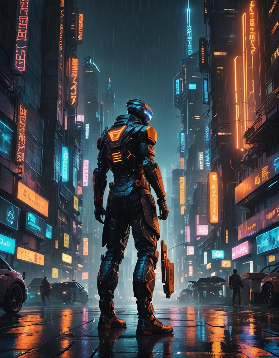 Cyberpunk Cityscape at Night with Cybernetic Character