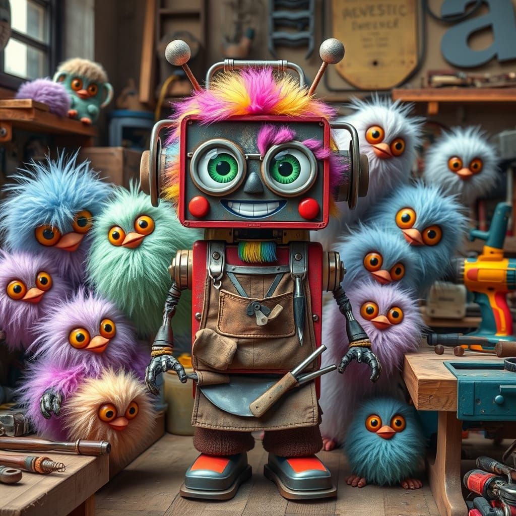 Pastel Creatures and Toolbox Robot in Whimsical Style