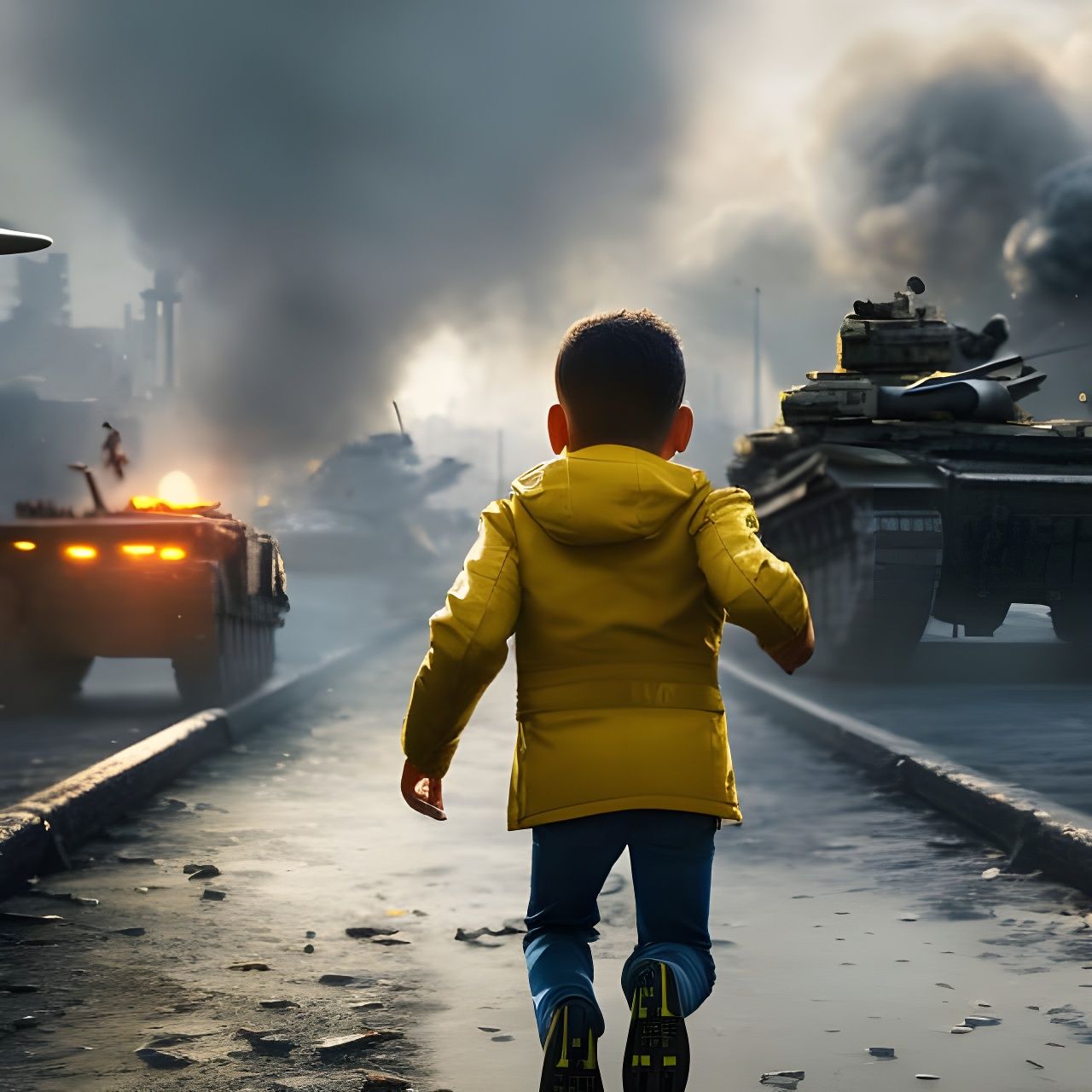 Terrified Boy Runs Through War-Torn City