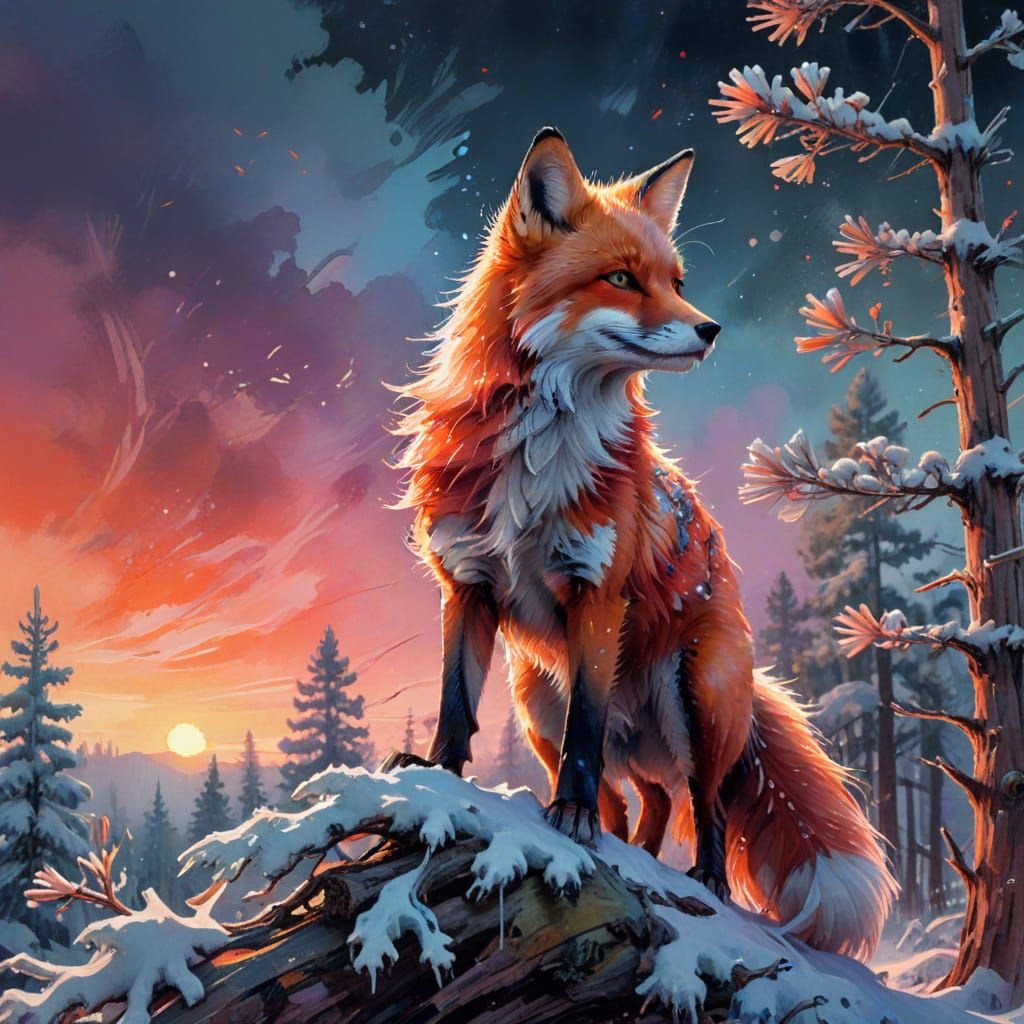 Crimson Fox on Winter Pine in Watercolour Style