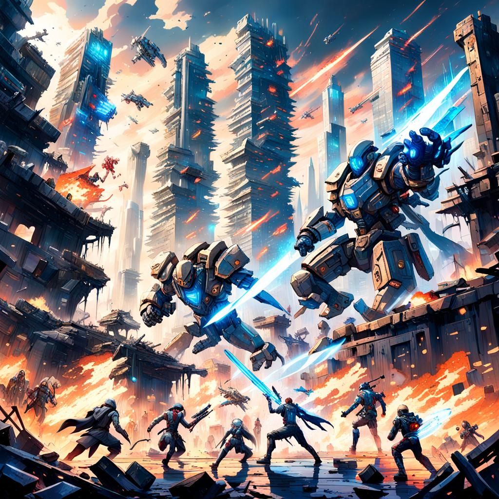 Cyborg Battle in Dystopian City: Cyberpunk Futurism