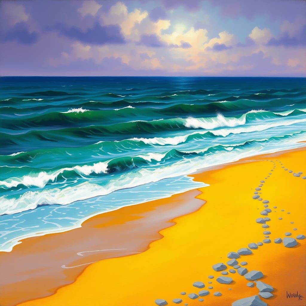 Serenely Vibrant Seaside Landscape in Expressive Brushstroke...