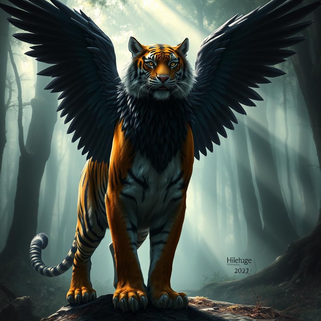 Tiger-Raven Hybrid in Dark Fantasy Style