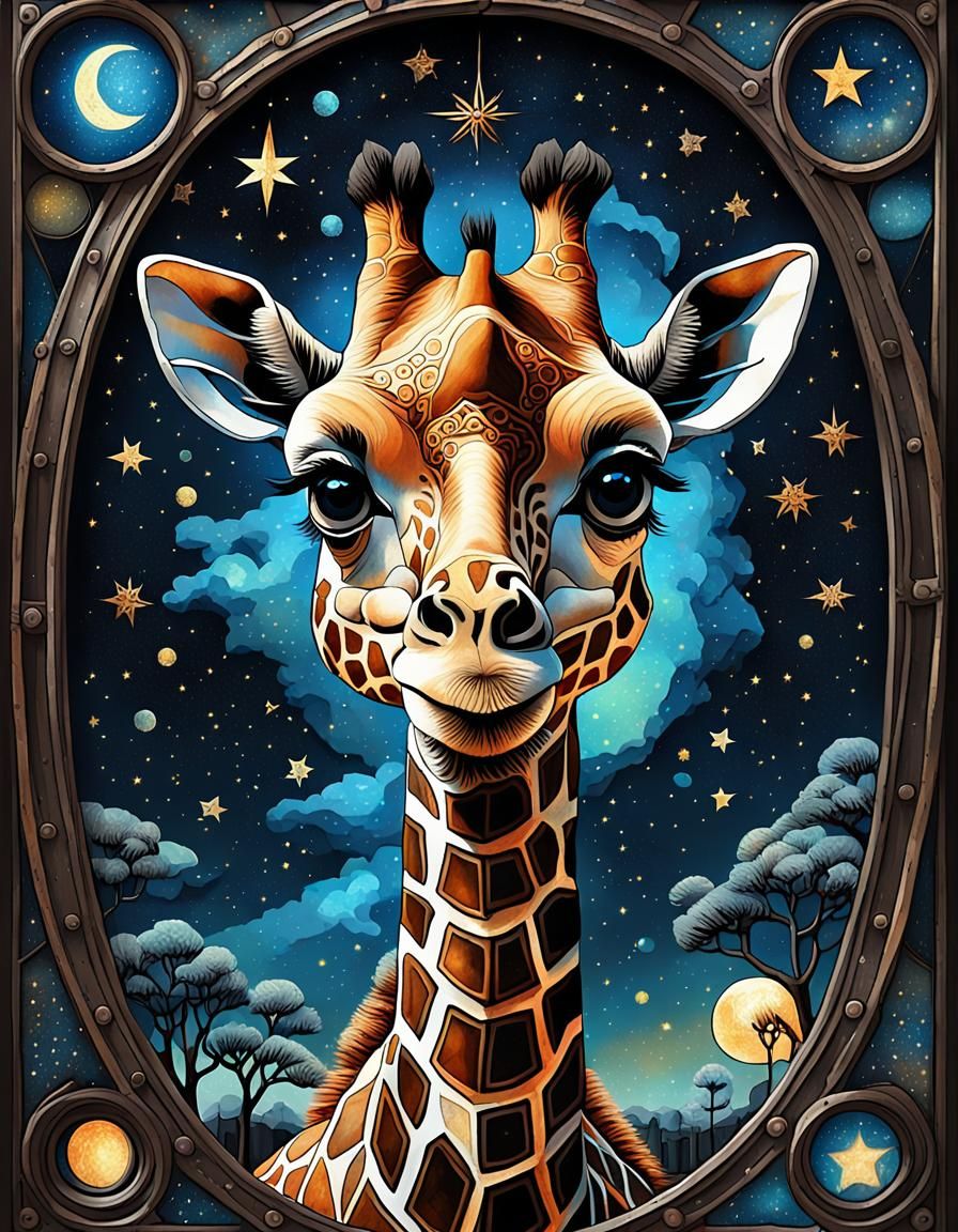 an adorable storybook steampunk giraffe with gorgeous eyes, starry night, fantasy illustration, textured with large visi...