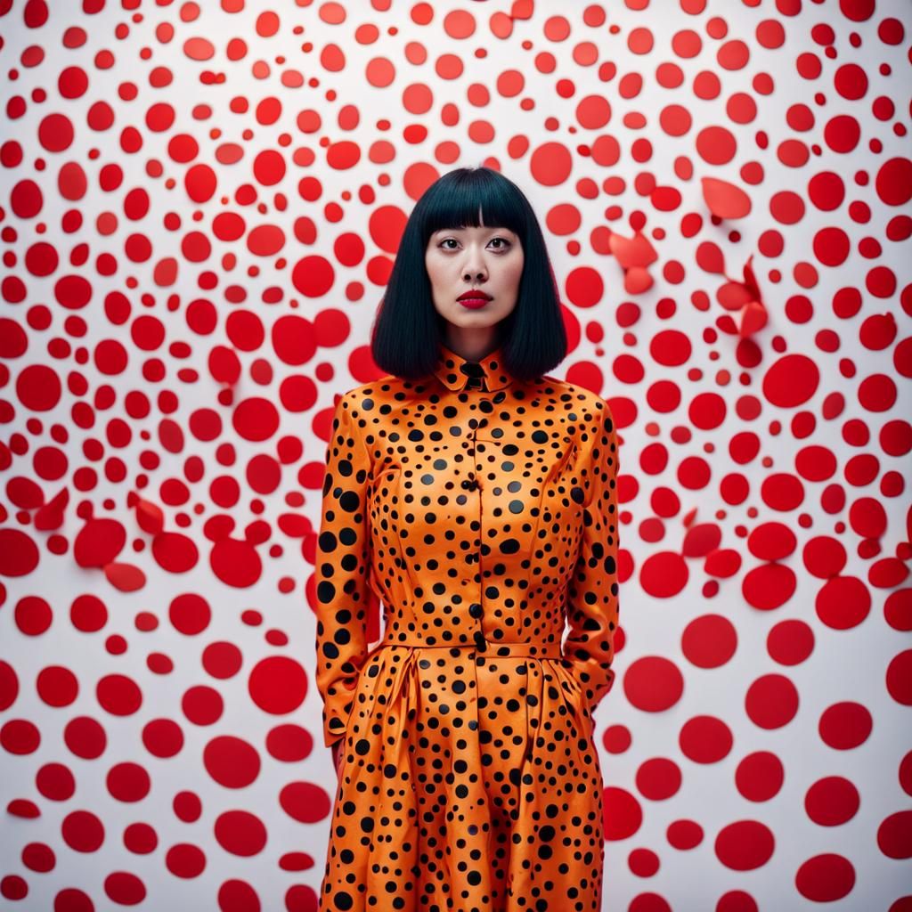 woman dressed in the style of Yayoi Kusama.